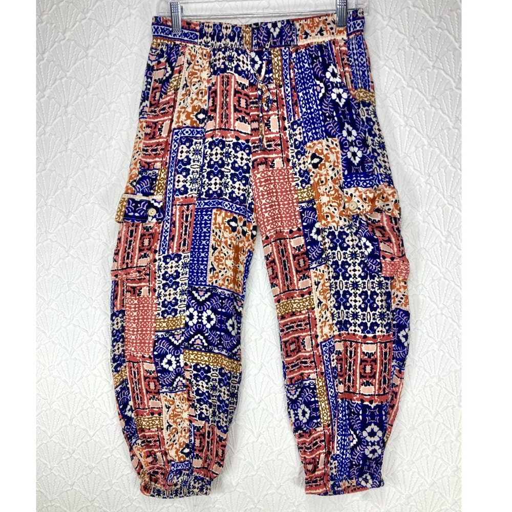 Christian Siriano Patchwork Print Cargo Jogger Pants Women M Boho Retro Pull On